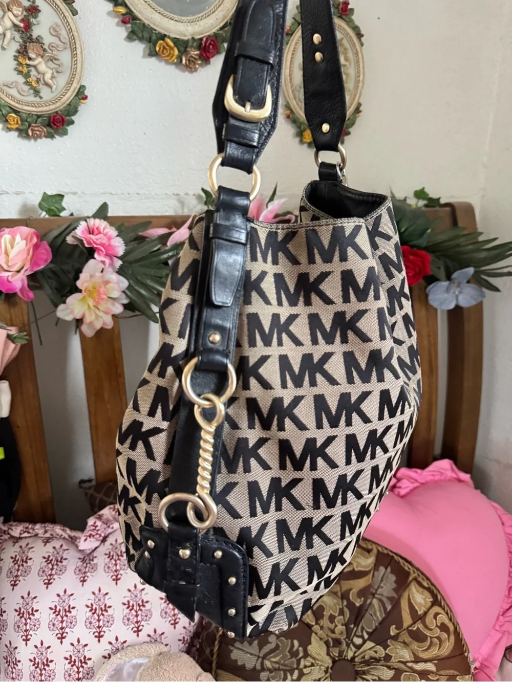 Michael Kors monogram hobo bag black and grey with silver accents